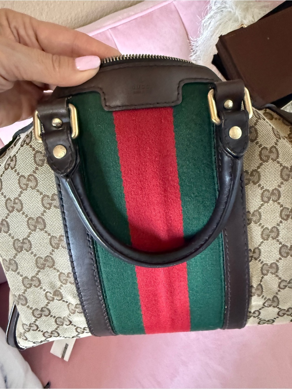 💯Auth! GUCCI Mono Canvas Boston Bag Green & Red Web Sherry Stripe Gold Hardware - Picture 3 of 17